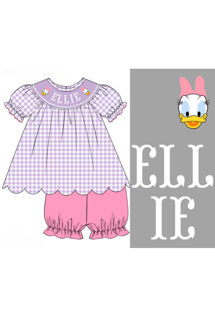 The Smocked Flamingo Pre-Order Custom Name Smock Purple Gingham Short Set