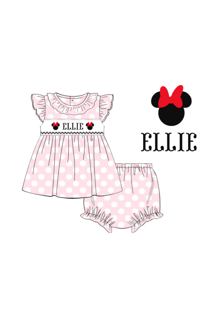 The Smocked Flamingo Pre-Order Custom Smocked Mouse Pink Polka Dot Bloomer Set