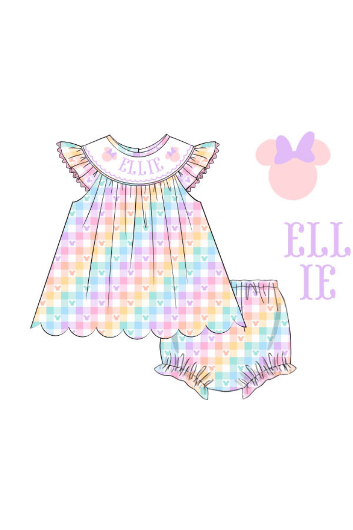 The Smocked Flamingo Pre-Order Custom Smocked Mouse Plaid Bishop Bloomer Set