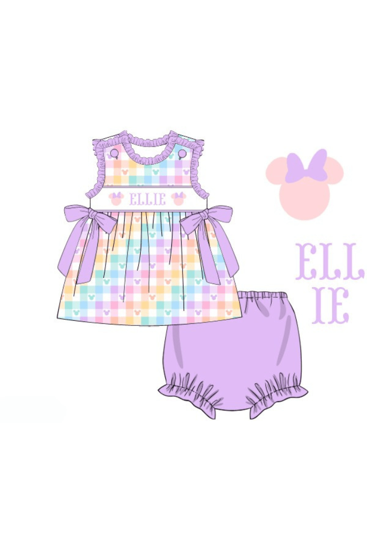 The Smocked Flamingo Pre-Order Custom Smocked Mouse Plaid Bow Bloomer Set