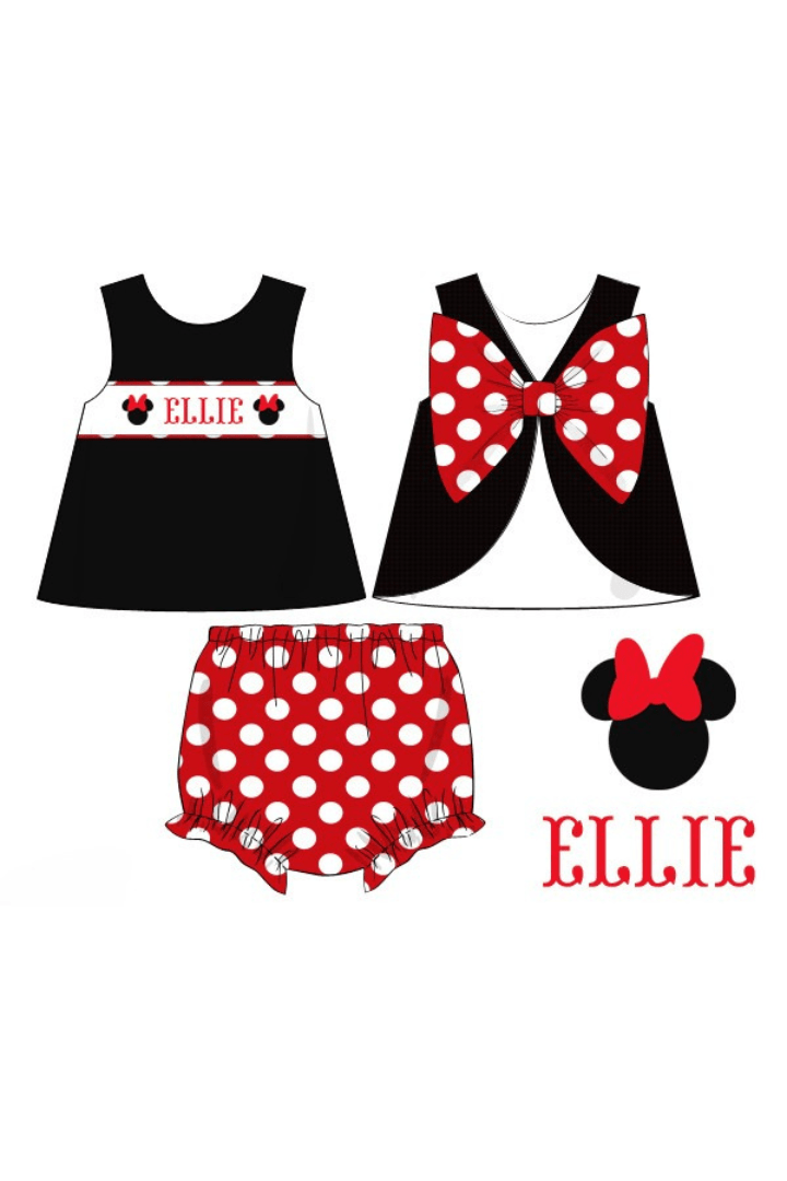 The Smocked Flamingo Pre-Order Custom Smocked Mouse Red and Black Polka Dot Bow Bloomer Set