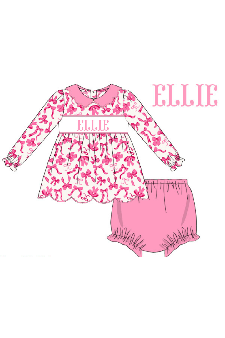The Smocked Flamingo Pre-Order Custom Smocked Pink Bow Bloomer Set