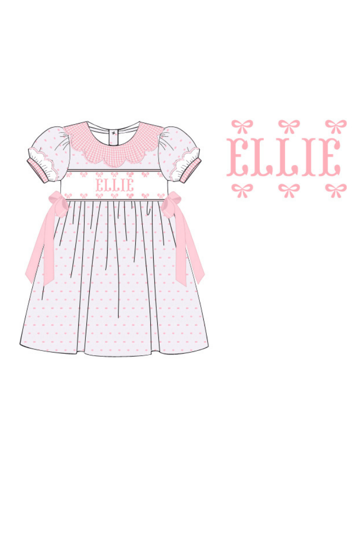 The Smocked Flamingo Pre-Order Custom Smocked Pink Swiss Dot Gingham Scalloped Dress