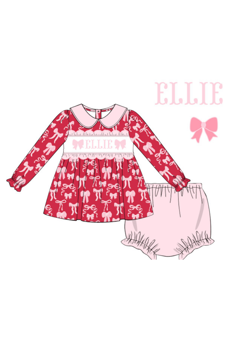 The Smocked Flamingo Pre-Order Custom Smocked Red and Pink Bow Bloomer Set