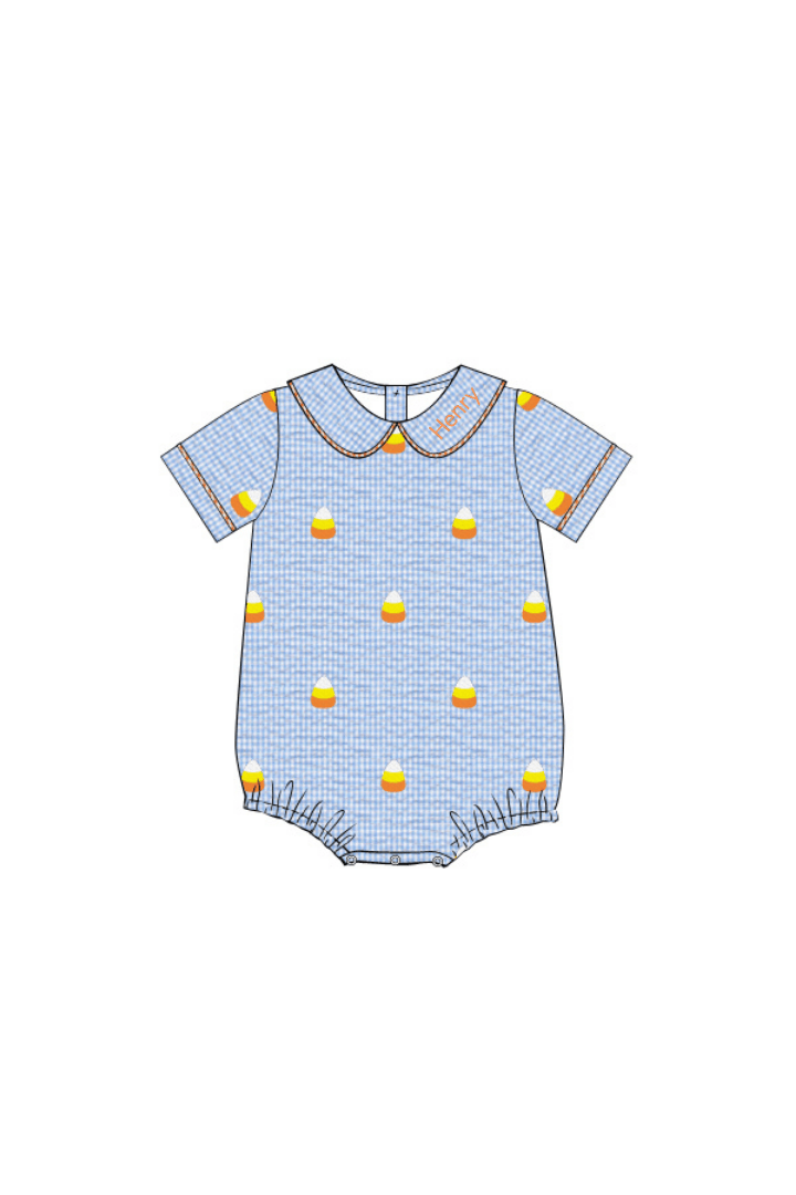 The Smocked Flamingo Pre-Order Embroidered Candy Corn Blue Gingham Seersucker Bubble