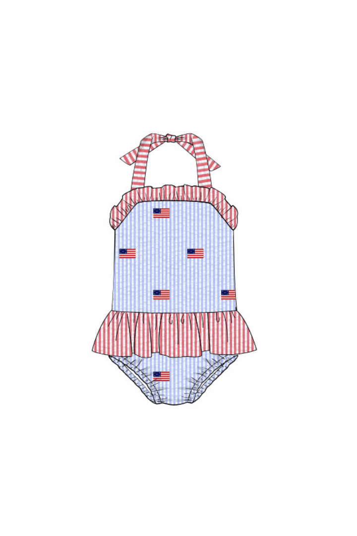 The Smocked Flamingo Pre-Order Embroidered Flag Seersucker Ruffle Swimsuit
