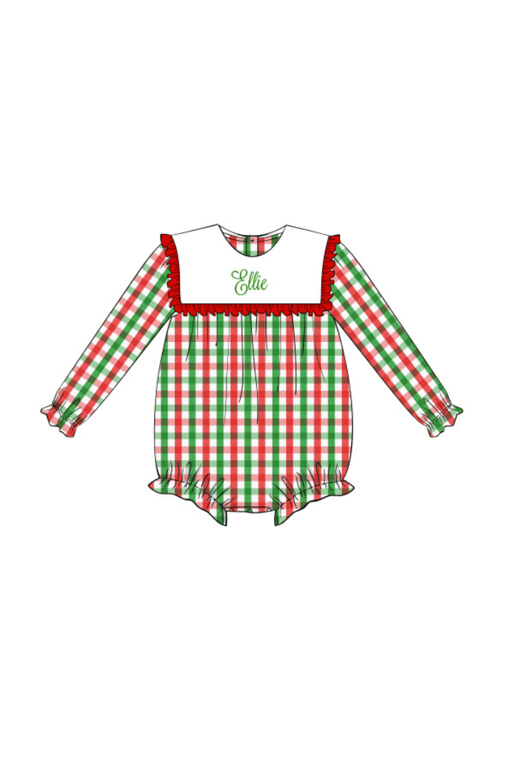 The Smocked Flamingo Pre-Order Embroidered Monogram Christmas Gingham Bubble