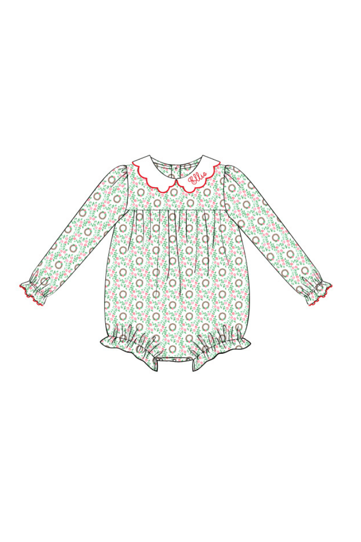 The Smocked Flamingo Pre-Order Embroidered Name Christmas Wreath Knit Bubble
