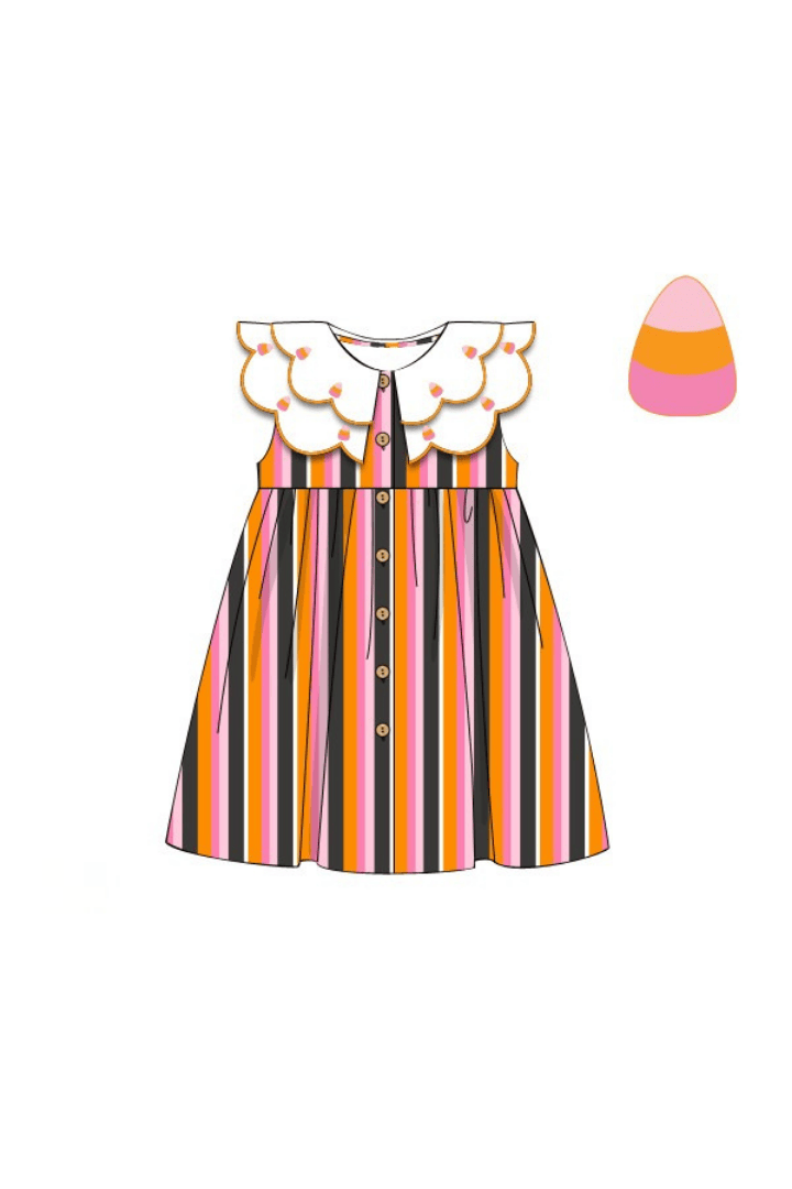 The Smocked Flamingo Pre-Order Embroidered Striped Candy. Corn Button Dress