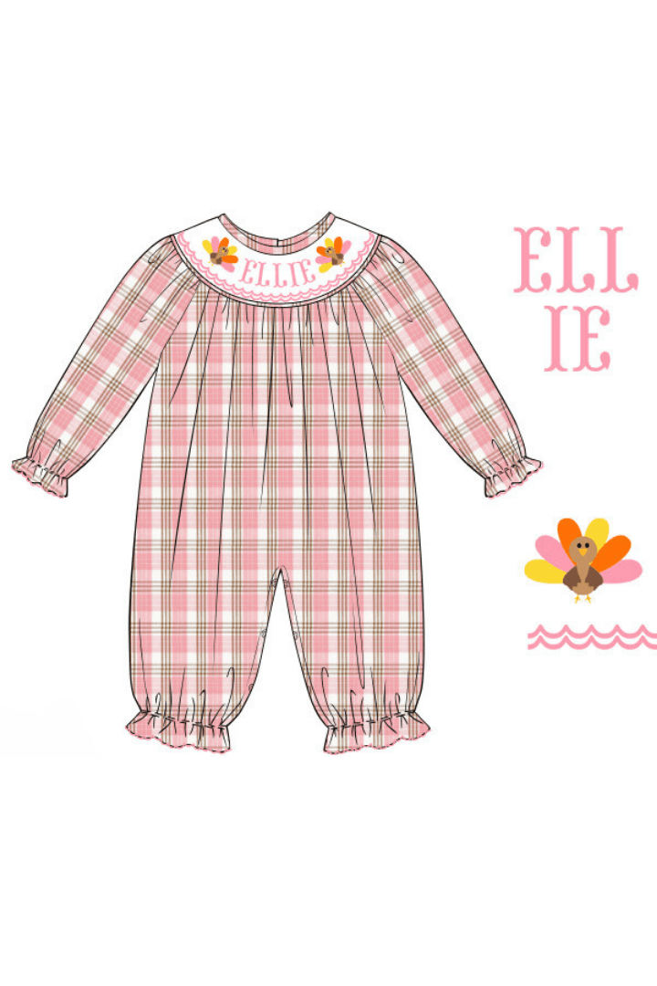 The Smocked Flamingo Pre-Order French Knot Custom Name Pink Plaid Romper