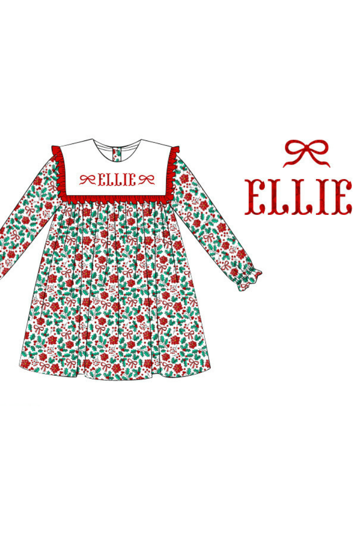 The Smocked Flamingo Pre-Order French Knot Festive Holly Bow Dress
