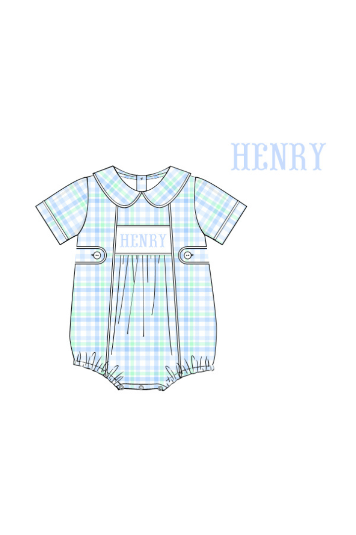 The Smocked Flamingo Pre-Order Hand Smocked Custom Name Blue and Green Plaid Bubble