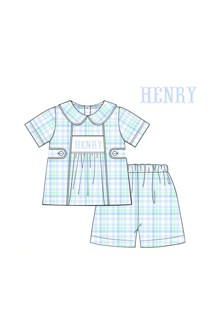 The Smocked Flamingo Pre-Order Hand Smocked Custom Name Blue and Green Plaid Short Set