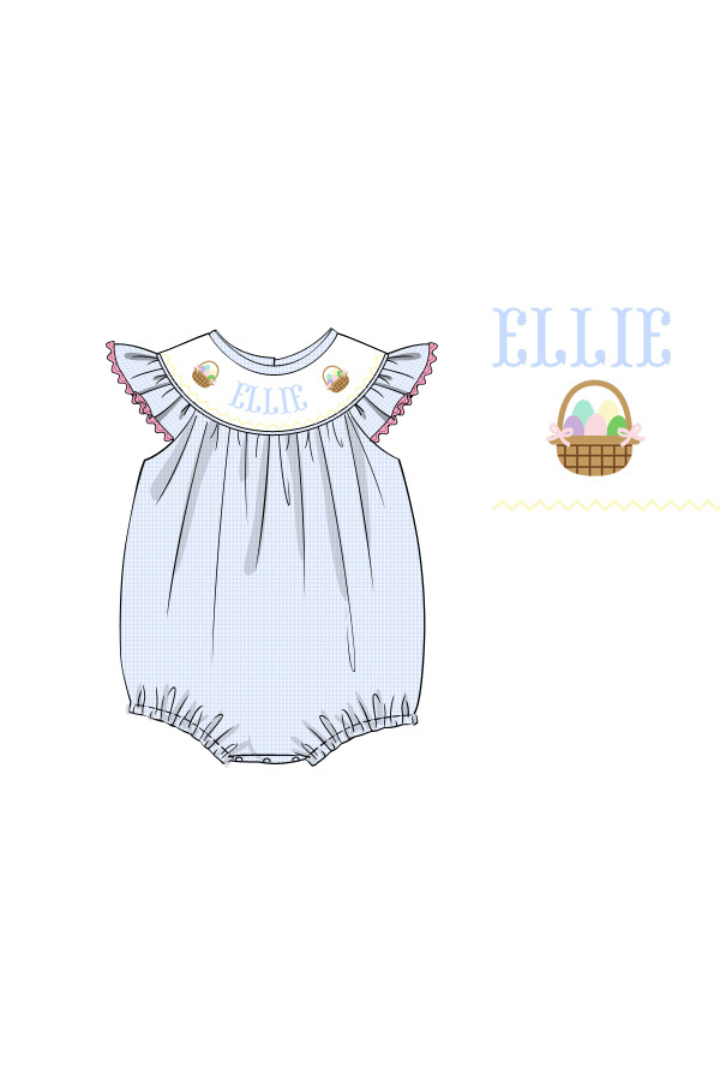 The Smocked Flamingo Pre-Order Hand Smocked Custom Name Blue Gingham Easter Basket Bishop Bubble