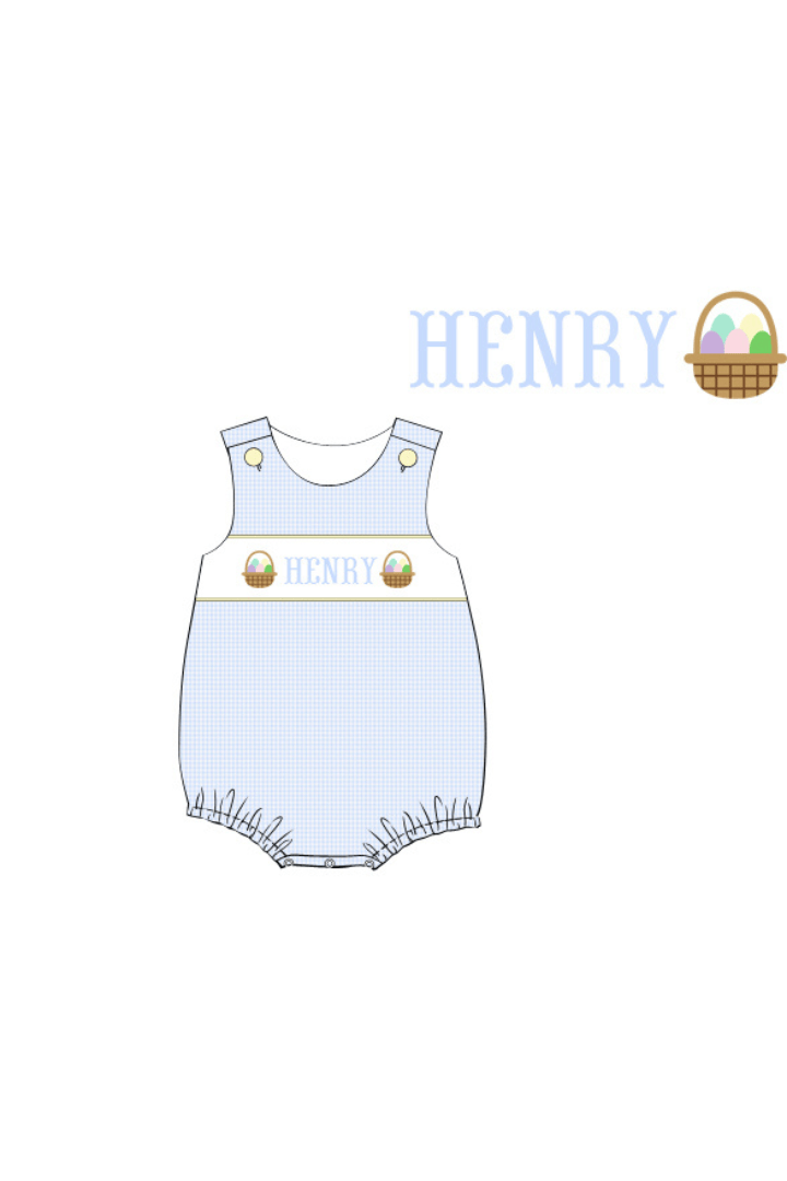 The Smocked Flamingo Pre-Order Hand Smocked Custom Name Blue Gingham Easter Basket Bubble