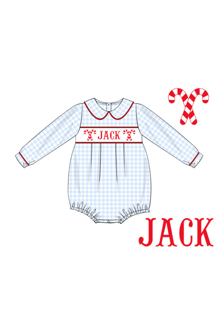 The Smocked Flamingo Pre-Order Hand Smocked Custom Name Candy Cane Bubble-BOYS