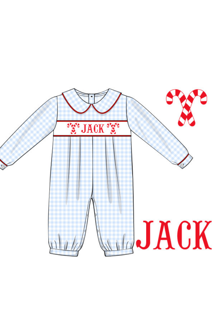 The Smocked Flamingo Pre-Order Hand Smocked Custom Name Candy Cane Romper