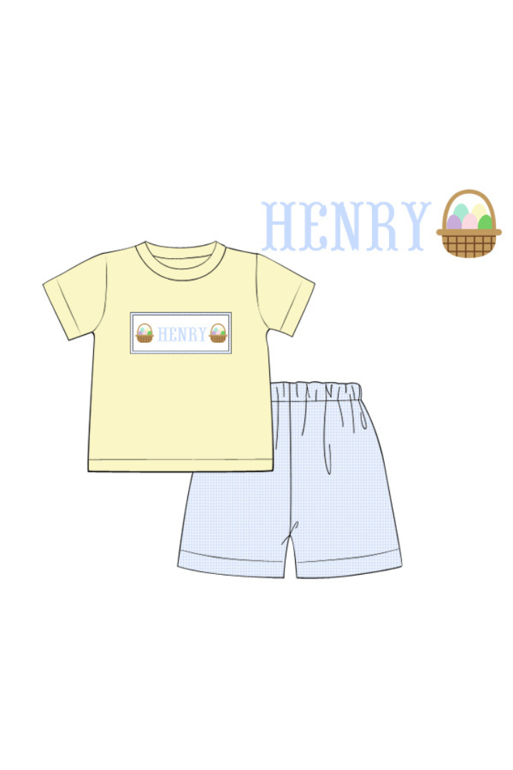 The Smocked Flamingo Pre-Order Hand Smocked Custom Name Easter Basket Short Set