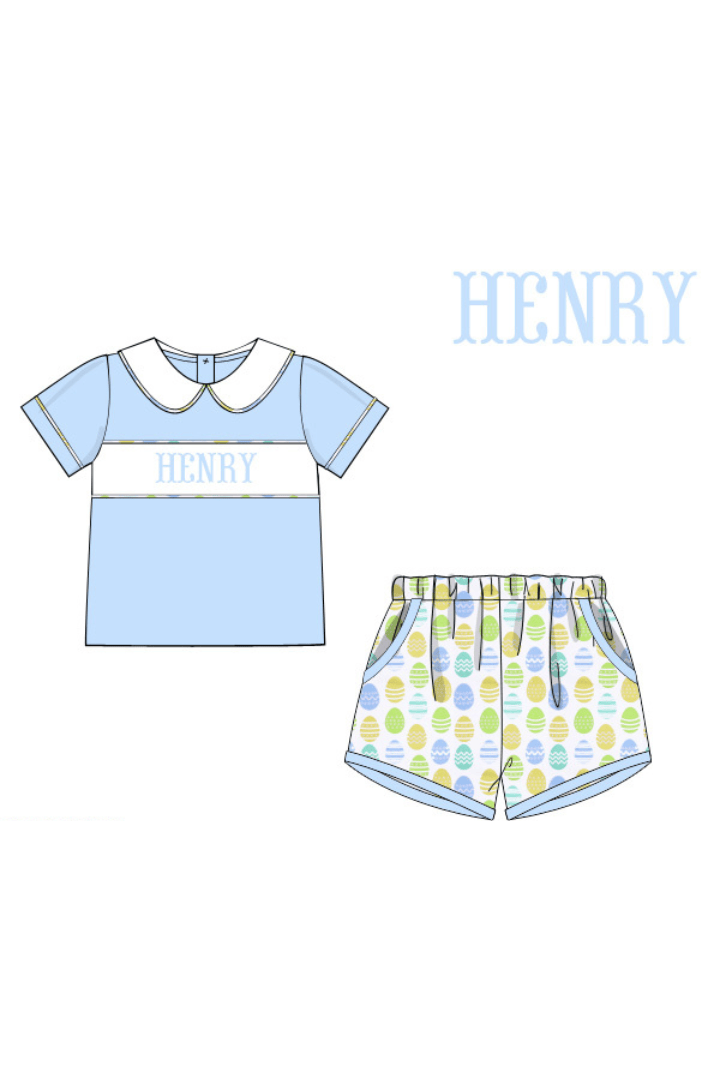 The Smocked Flamingo Pre-Order Hand Smocked Custom Name Easter Egg Short Set