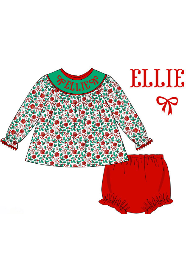The Smocked Flamingo Pre-Order Hand Smocked Custom Name Floral Holly Bishop Bloomer Set