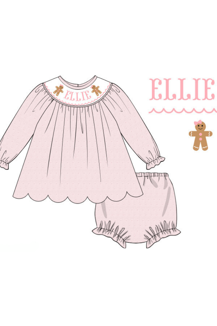 The Smocked Flamingo Pre-Order Hand Smocked Custom Name Gingerbread Pink Swiss Dot Bloomer Set