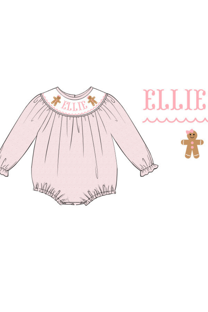 The Smocked Flamingo Pre-Order Hand Smocked Custom Name Gingerbread Pink Swiss Dot Bubble