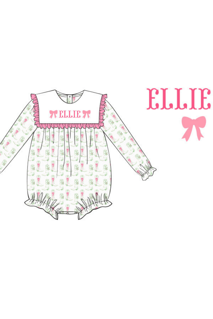 The Smocked Flamingo Pre-Order Hand Smocked Custom Name Gingerbread Pink Swiss Dot Bubble