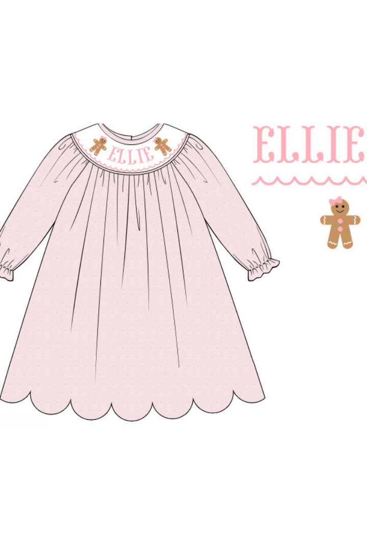 The Smocked Flamingo Pre-Order Hand Smocked Custom Name Gingerbread Pink Swiss Dot Dress