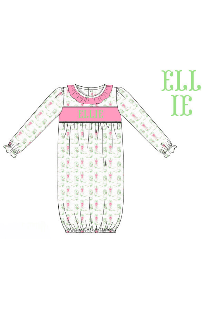 The Smocked Flamingo Pre-Order Hand Smocked Custom Name Holiday Boots Baby Gown