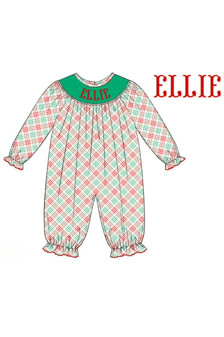 The Smocked Flamingo Pre-Order Hand Smocked Custom Name Holiday Plaid Bishop Romper