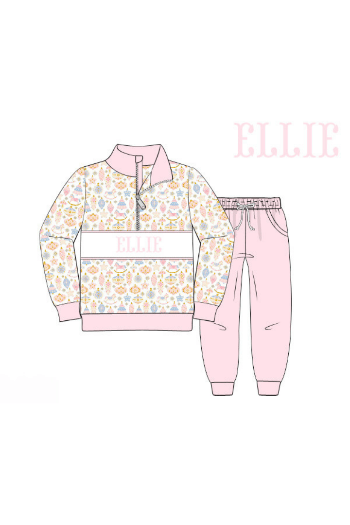 The Smocked Flamingo Pre-Order Hand Smocked Custom Name Holly Day Jogger Set