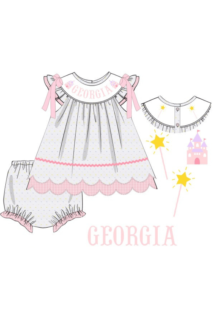 The Smocked Flamingo Pre-Order Hand Smocked Custom Name Magic Castle Swiss Dot Bloomer Set