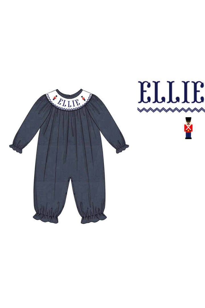 The Smocked Flamingo Pre-Order Hand Smocked Custom Name Navy Corduroy Nutcracker Bishop Romper