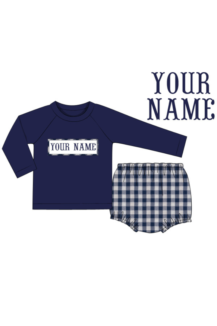 The Smocked Flamingo Pre-Order Hand Smocked Custom Name Navy Linen Gingham Diaper Set