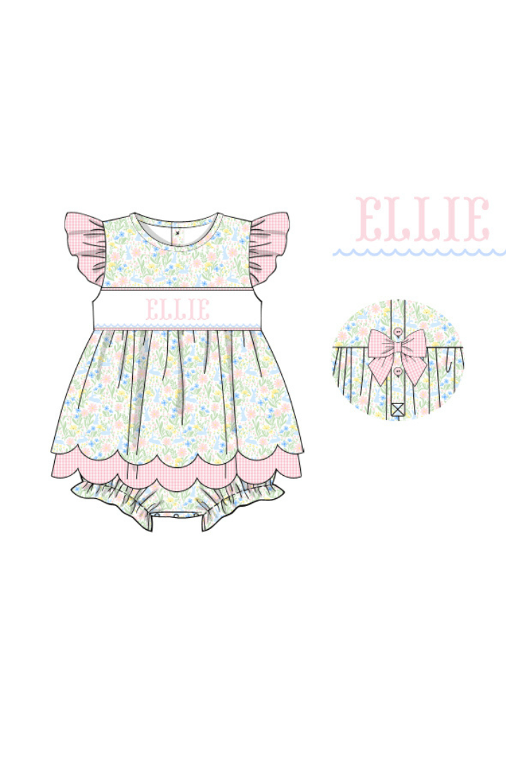 The Smocked Flamingo Pre-Order Hand Smocked Custom Name Pastel Easter Floral Skirted Bubble