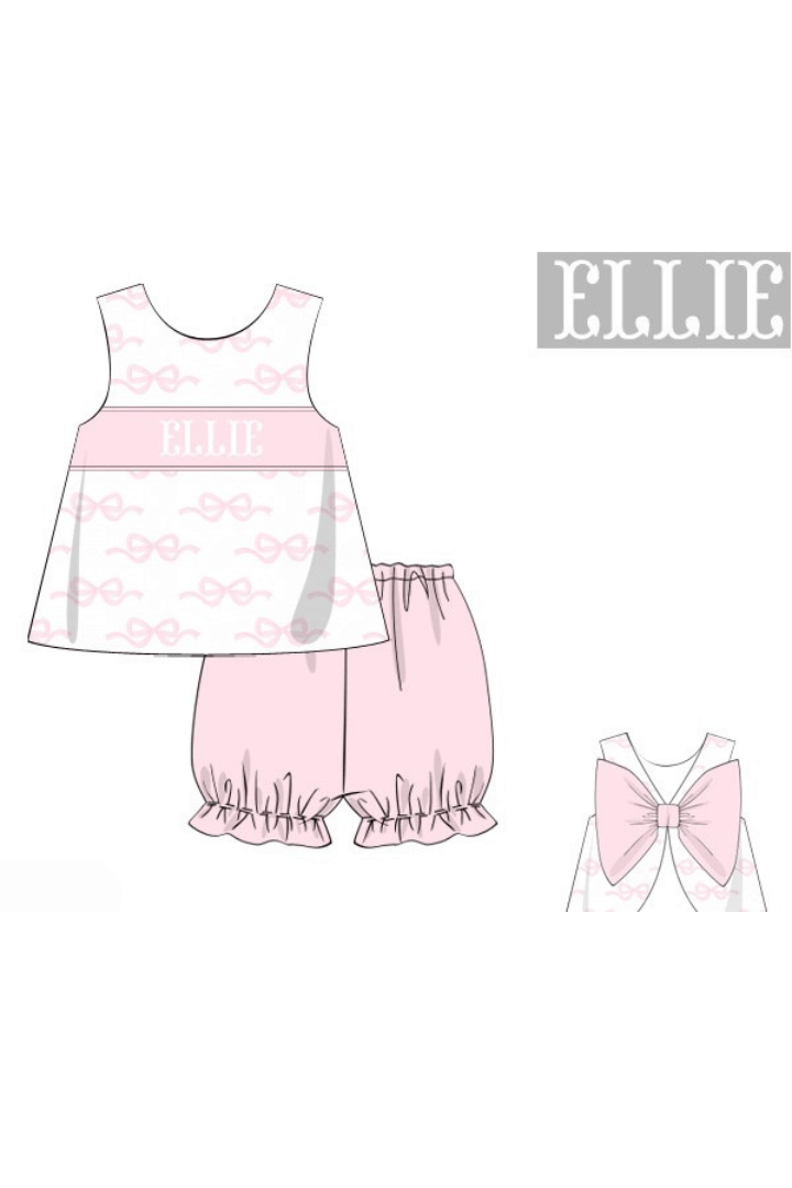 The Smocked Flamingo Pre-Order Hand Smocked Custom Name Pink Bow Knit Bloomer Set