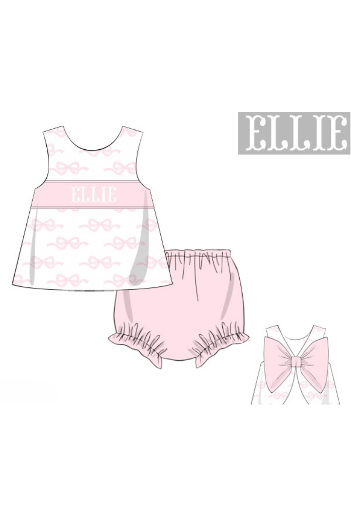 The Smocked Flamingo Pre-Order Hand Smocked Custom Name Pink Bow Knit Diaper Set
