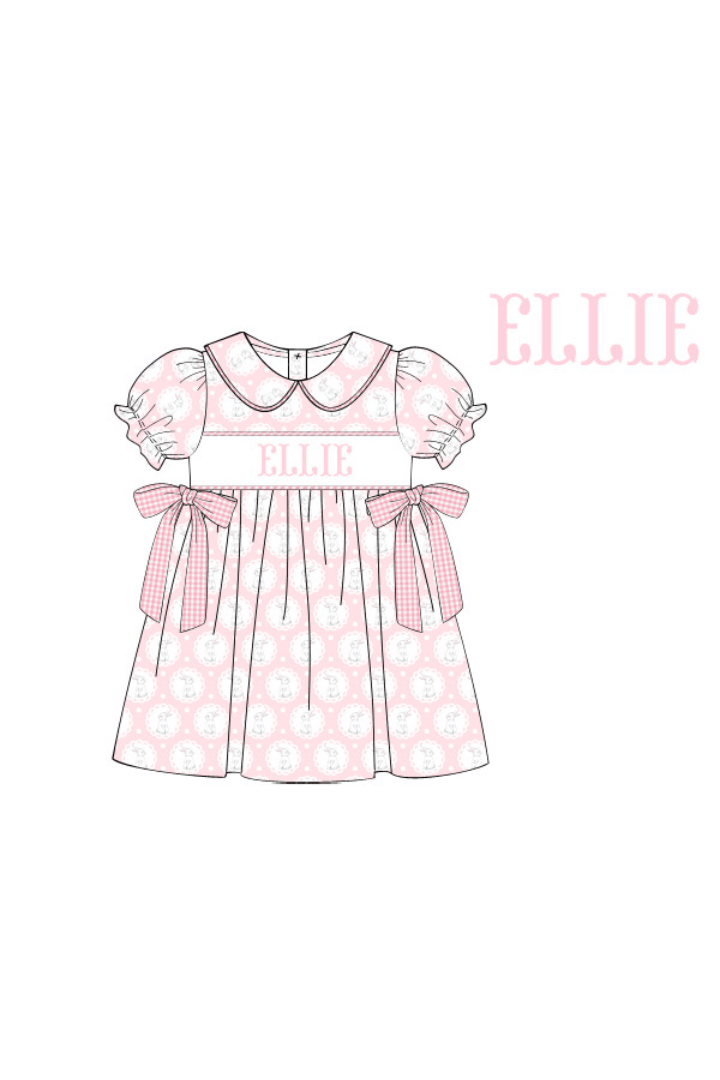 The Smocked Flamingo Pre-Order Hand Smocked Custom Name Pink Bunny Dress