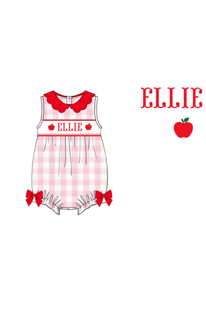 The Smocked Flamingo Pre-Order Hand Smocked Custom Name Pink Gingham Apple Bubble