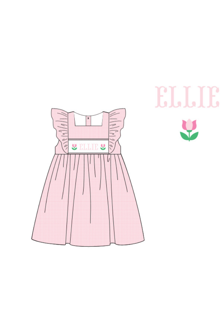 The Smocked Flamingo Pre-Order Hand Smocked Custom Name Pink Gingham Tulip Dress