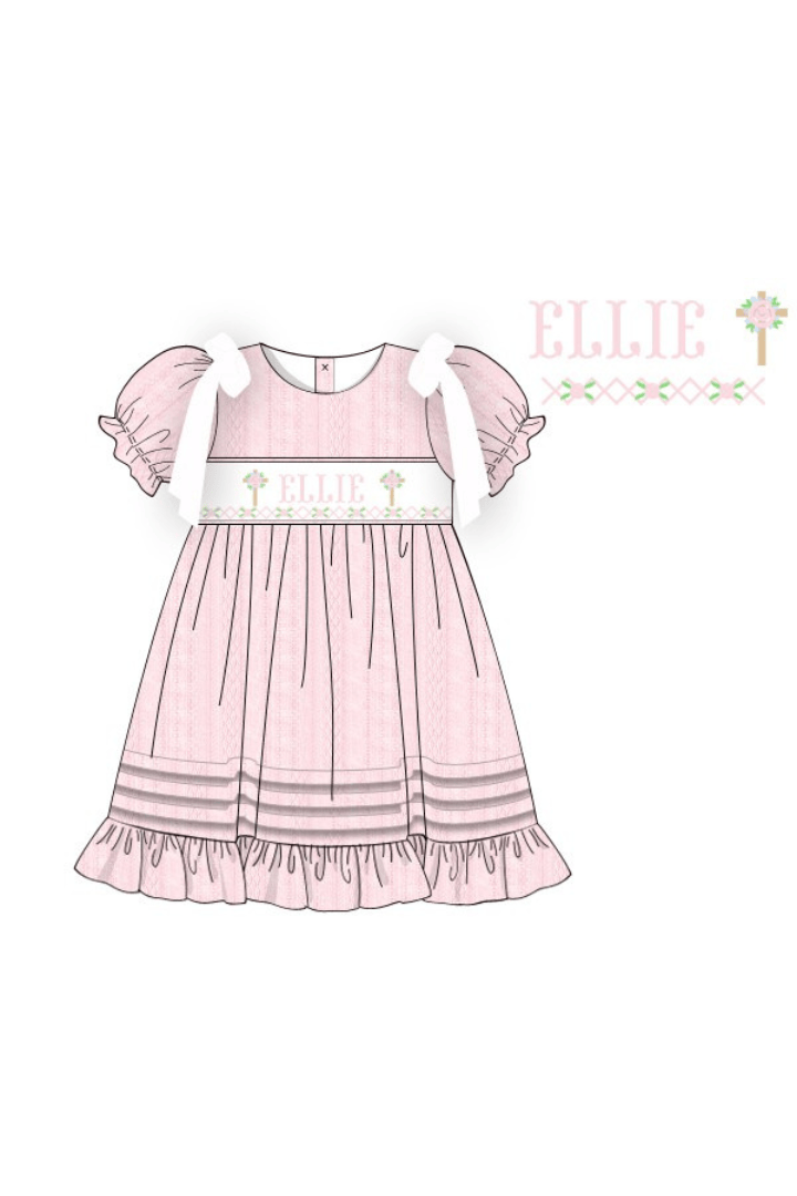 The Smocked Flamingo Pre-Order Hand Smocked Custom Name Pink Linen Cross Dress