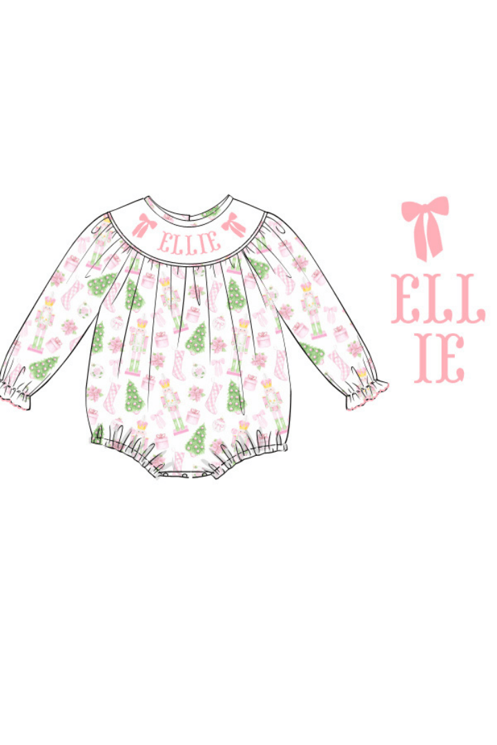 The Smocked Flamingo Pre-Order Hand Smocked Custom Name Pink Nutcracker Bubble