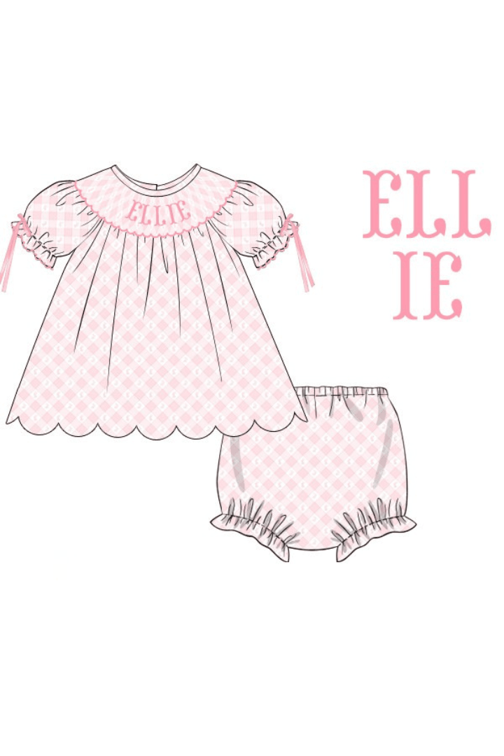 The Smocked Flamingo Pre-Order Hand Smocked Custom Name Pink Plaid Bunny Bloomer Set