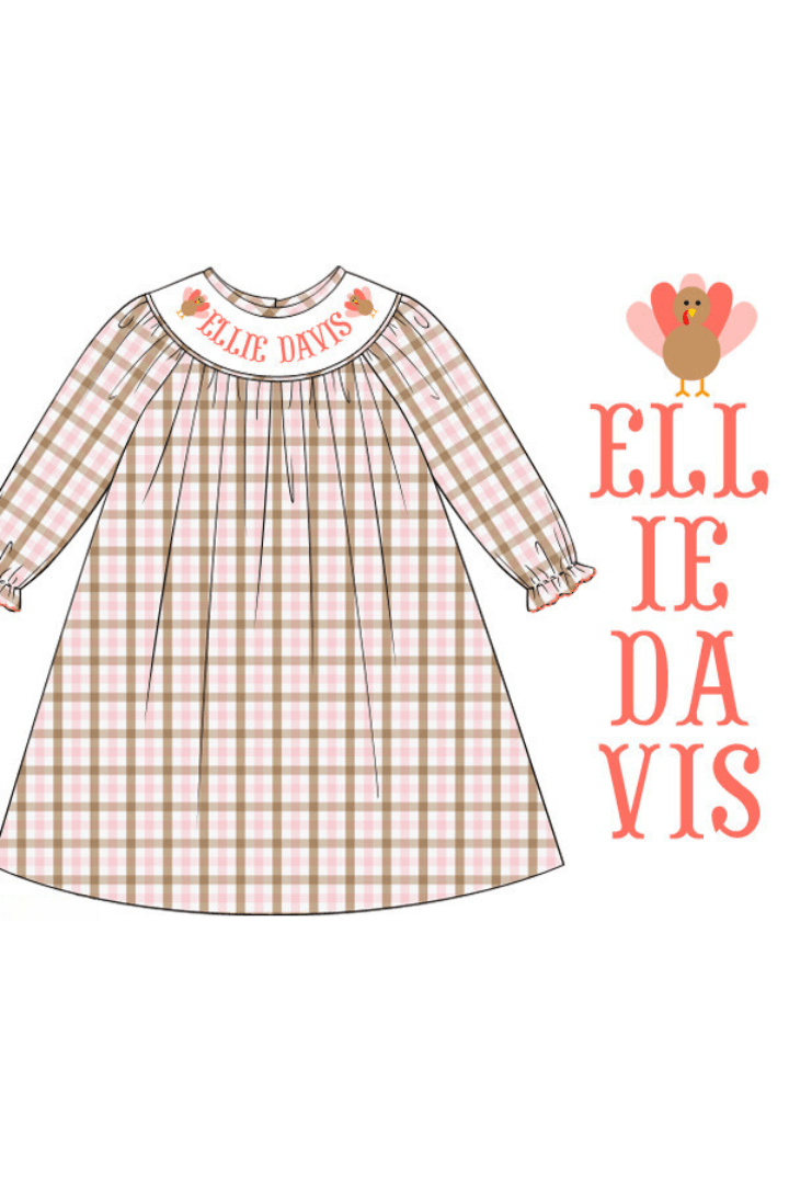 The Smocked Flamingo Pre-Order Hand Smocked Custom Name Pink Plaid Turkey Dress