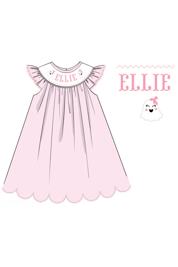The Smocked Flamingo Pre-Order Hand Smocked Custom Name Pink Polka Dot Ghost Dress