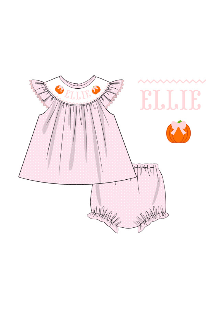 The Smocked Flamingo Pre-Order Hand Smocked Custom Name Pink Polka Dot Pumpkin Bloomer Set