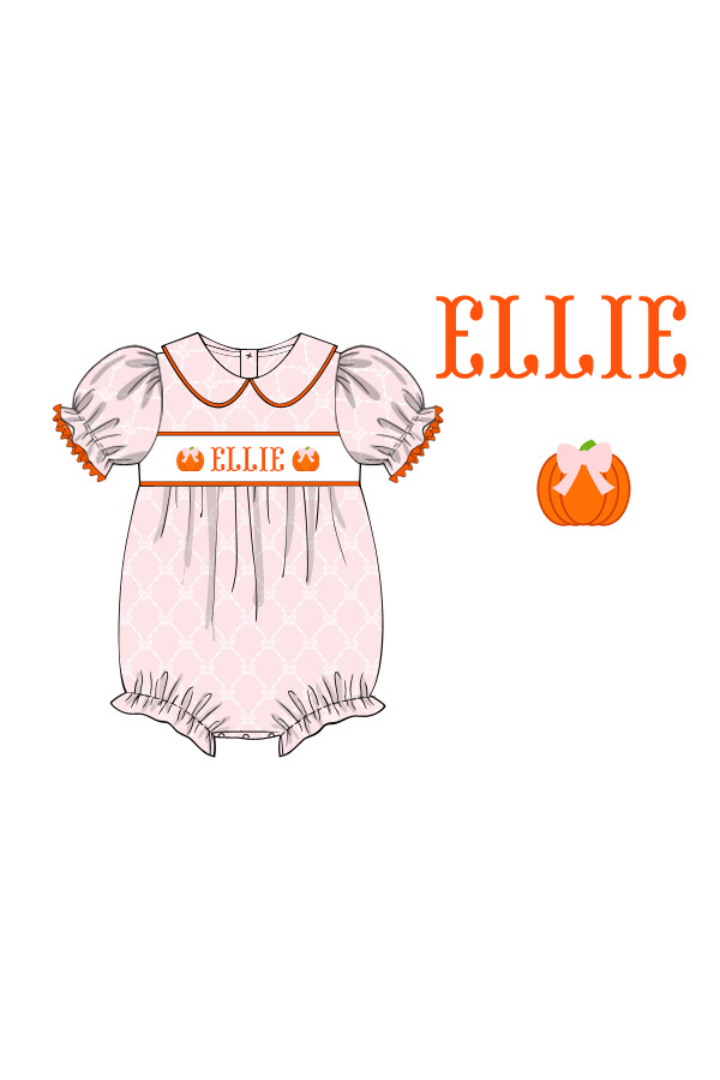The Smocked Flamingo Pre-Order Hand Smocked Custom Name Pink Pumpkin Bow Bubble