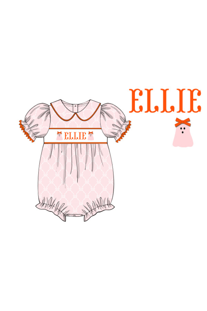 The Smocked Flamingo Pre-Order Hand Smocked Custom Name Pink Trellis Ghost Bubble