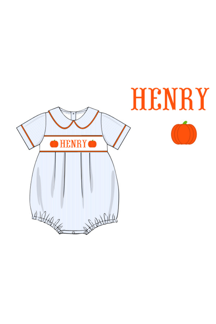The Smocked Flamingo Pre-Order Hand Smocked Custom Name Pinstripe Pumpkin Bubble