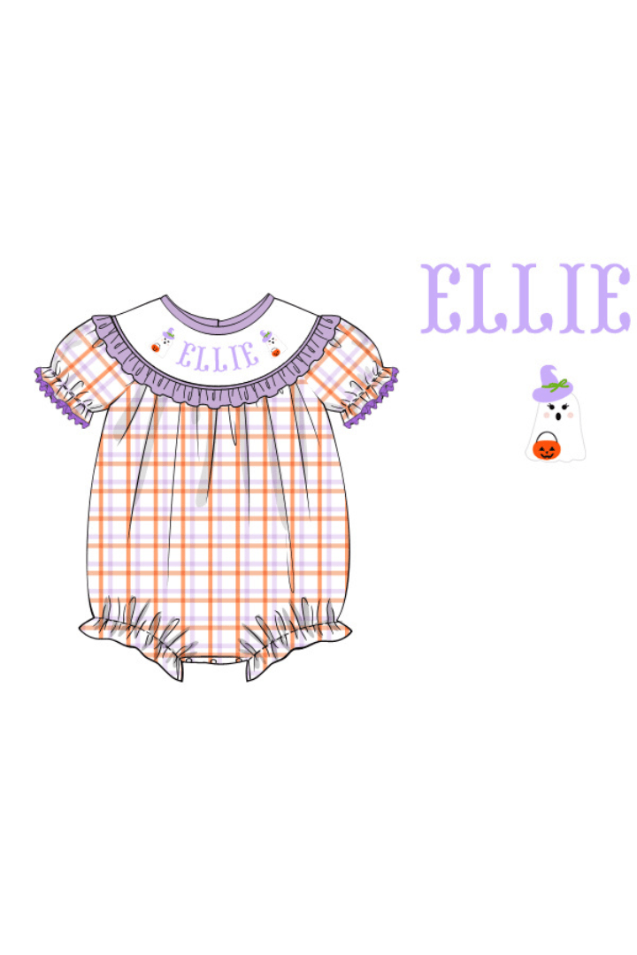 The Smocked Flamingo Pre-Order Hand Smocked Custom Name Plaid Ghost Witch Bubble